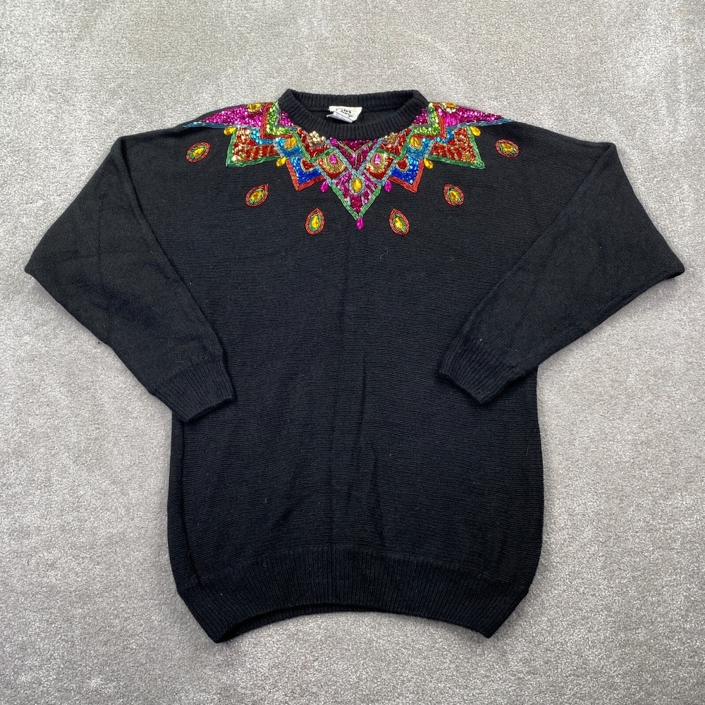 Vintage 1980's In Charge Embellished Silk Pullover Sweater Women's Size L Black